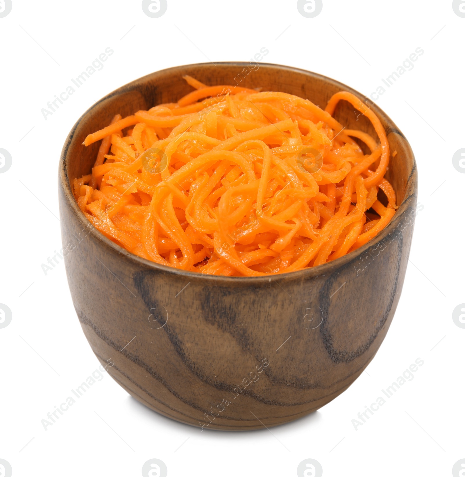 Photo of Delicious Korean carrot salad in bowl isolated on white