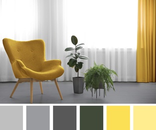 Image of Color of the year 2021. Stylish yellow armchair near window in room