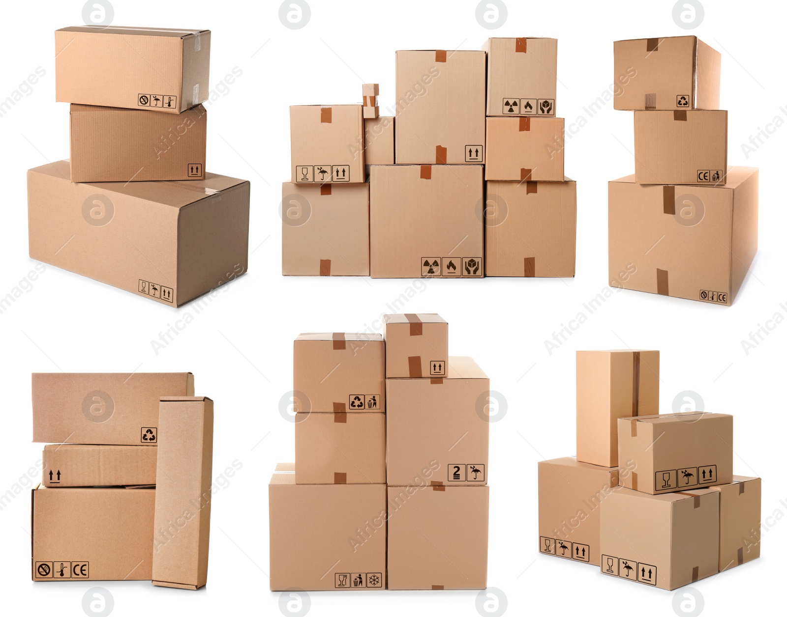 Image of Set of parcels with different packaging symbols on white background  