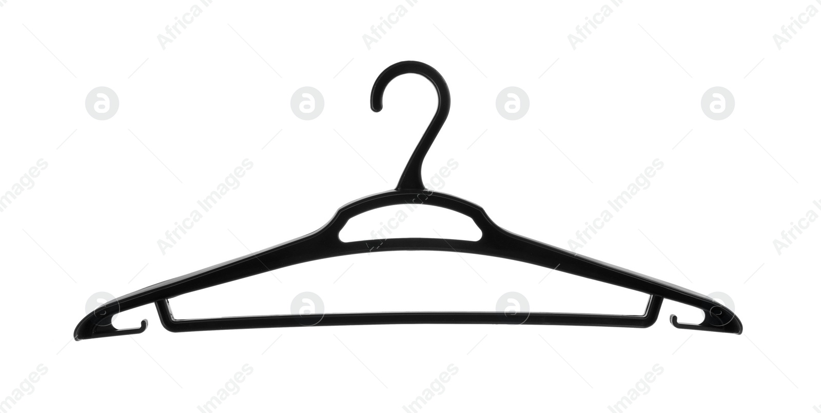 Photo of One black plastic hanger isolated on white