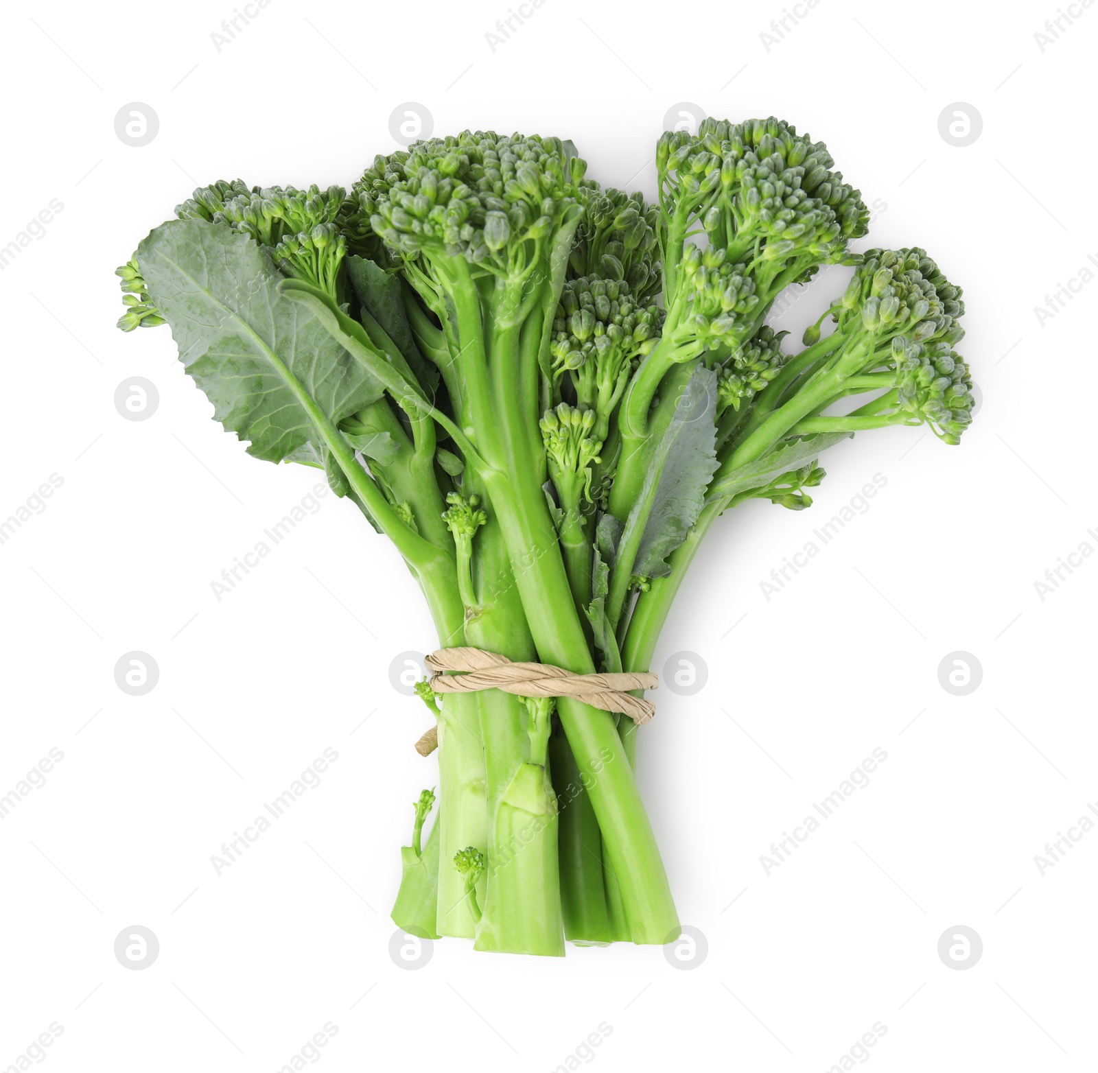 Photo of Fresh raw broccolini isolated on white, top view. Healthy food