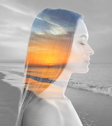 Beautiful woman and seascape at sunset, double exposure