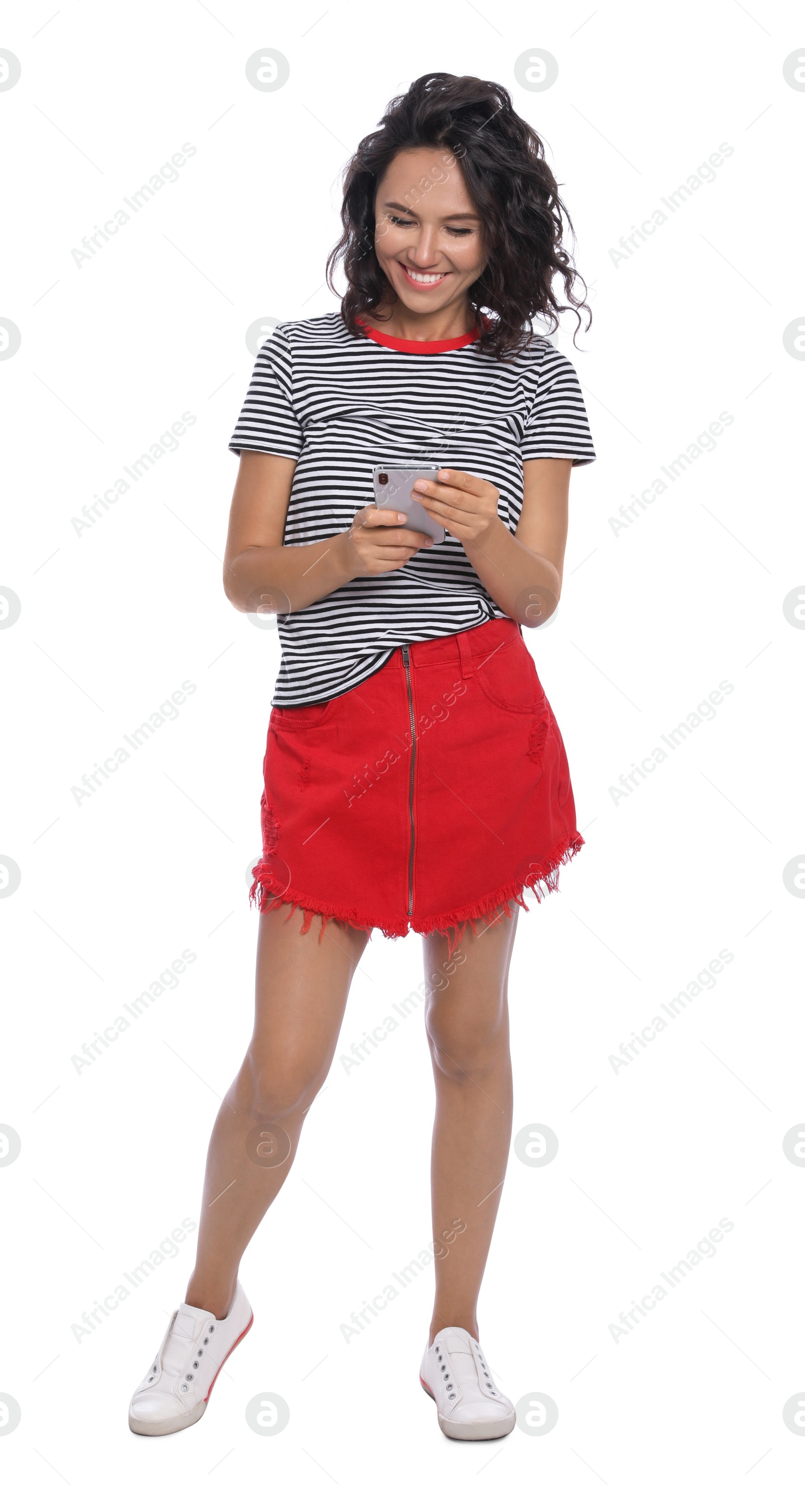 Photo of Happy young woman using smartphone on white background