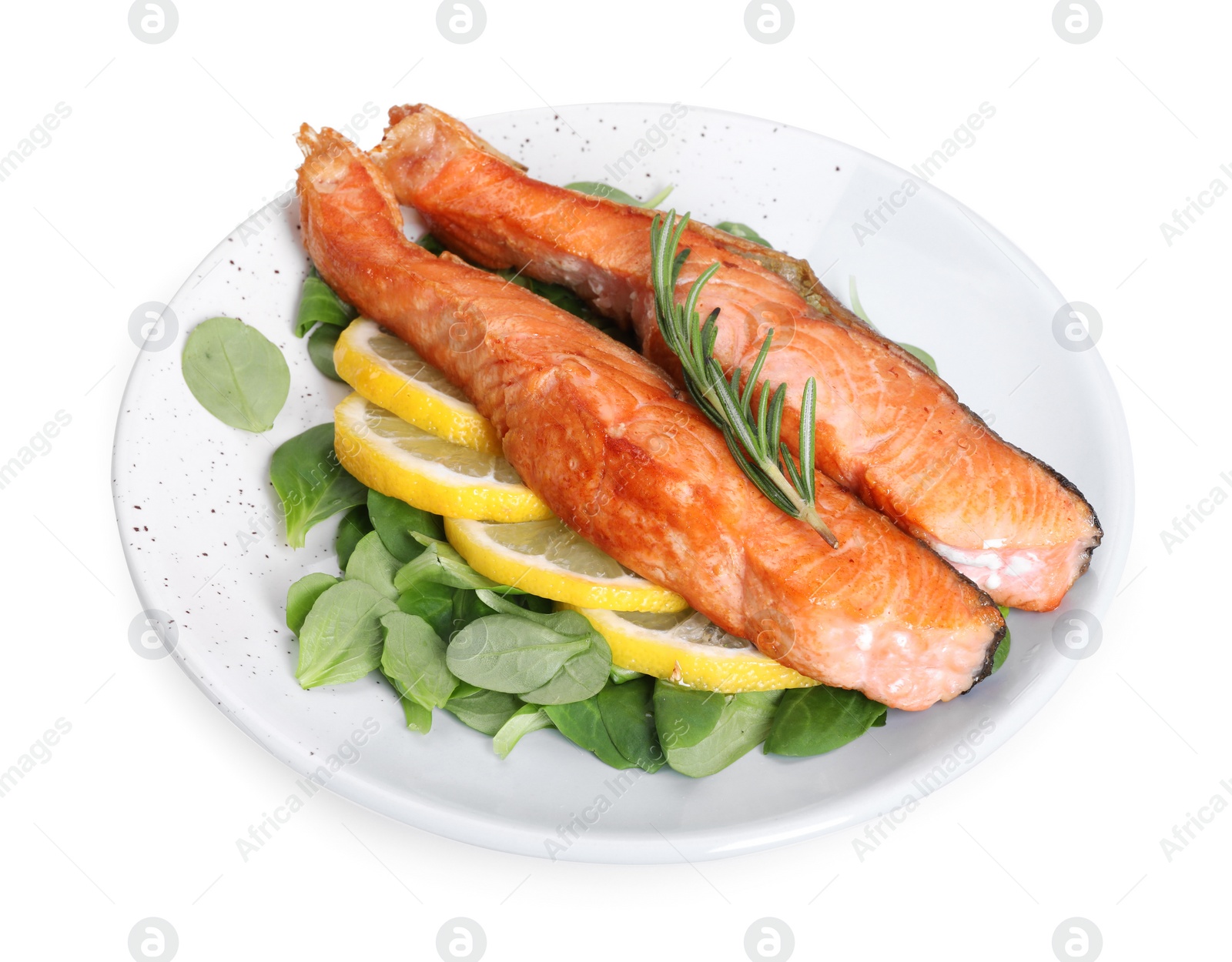 Photo of Healthy meal. Pieces of grilled salmon, spinach, rosemary and lemon isolated on white