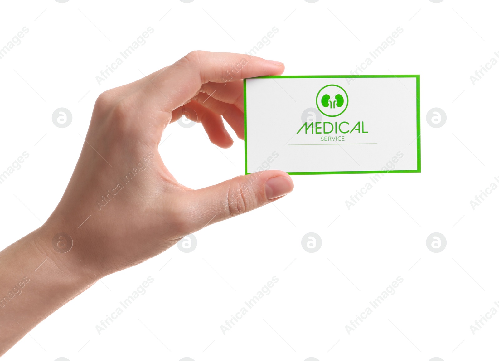 Photo of Woman holding medical business card isolated on white, closeup. Nephrology service