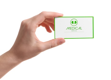 Woman holding medical business card isolated on white, closeup. Nephrology service