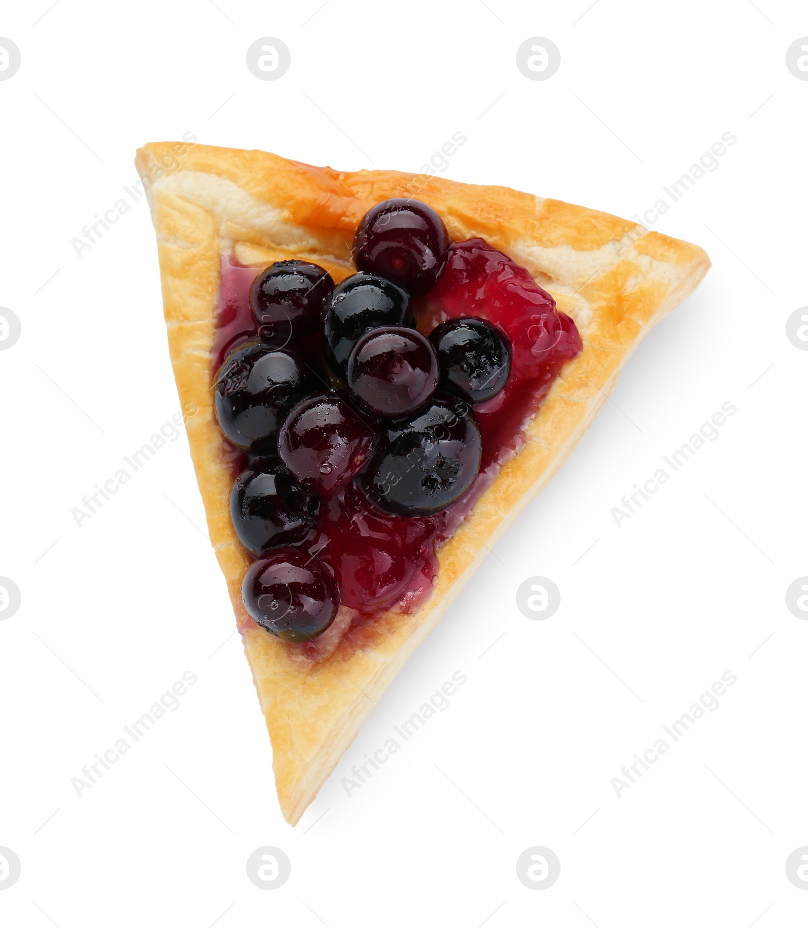 Photo of Fresh tasty puff pastry with sweet berries isolated on white, top view