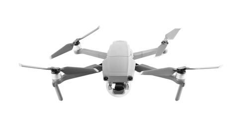 Modern drone with camera isolated on white