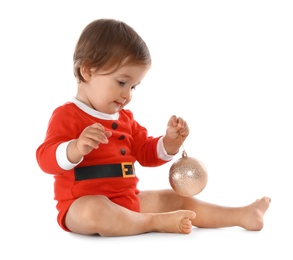 Cute little baby wearing festive Christmas costume on white background