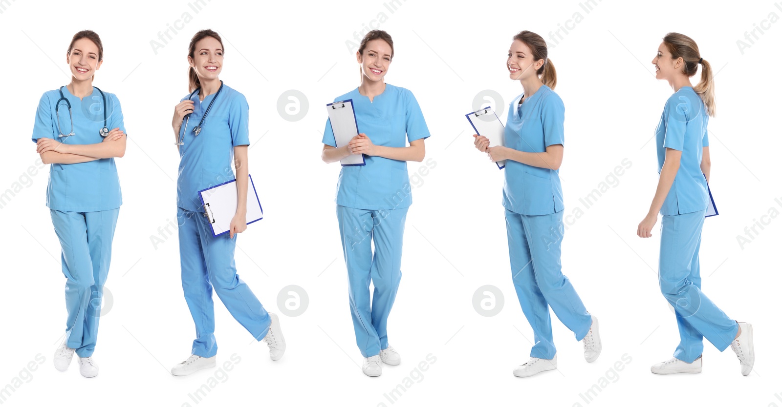 Image of Medical nurse in scrubs on white background, set of photos