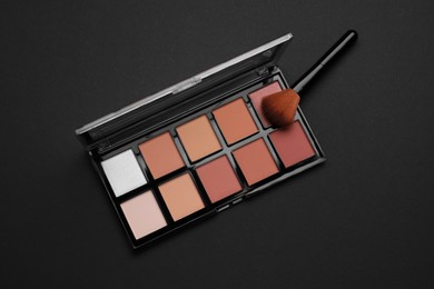 Photo of Contouring palette and brush on black background, top view. Professional cosmetic product