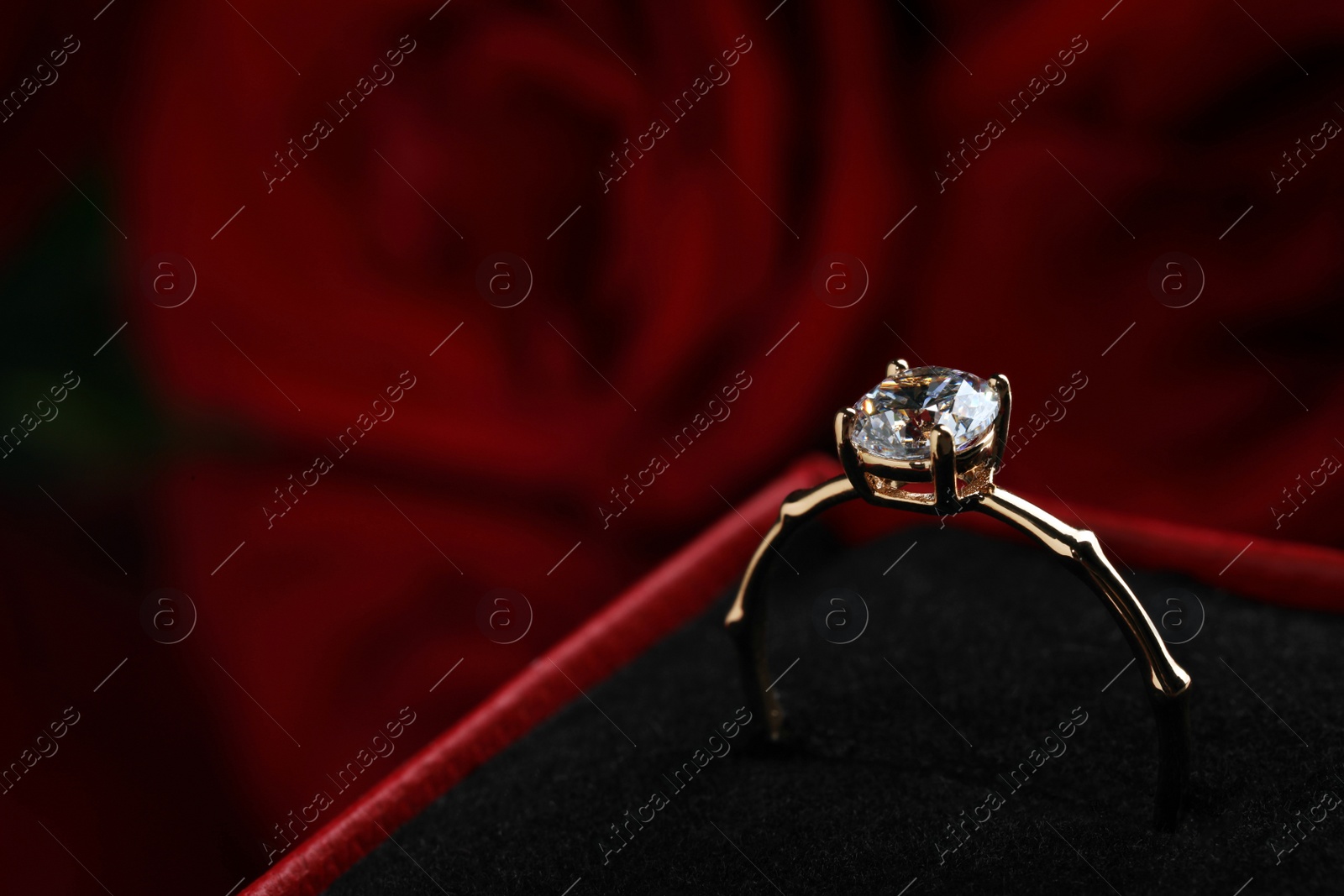 Photo of Beautiful engagement ring with gemstone in box against roses, closeup. Space for text