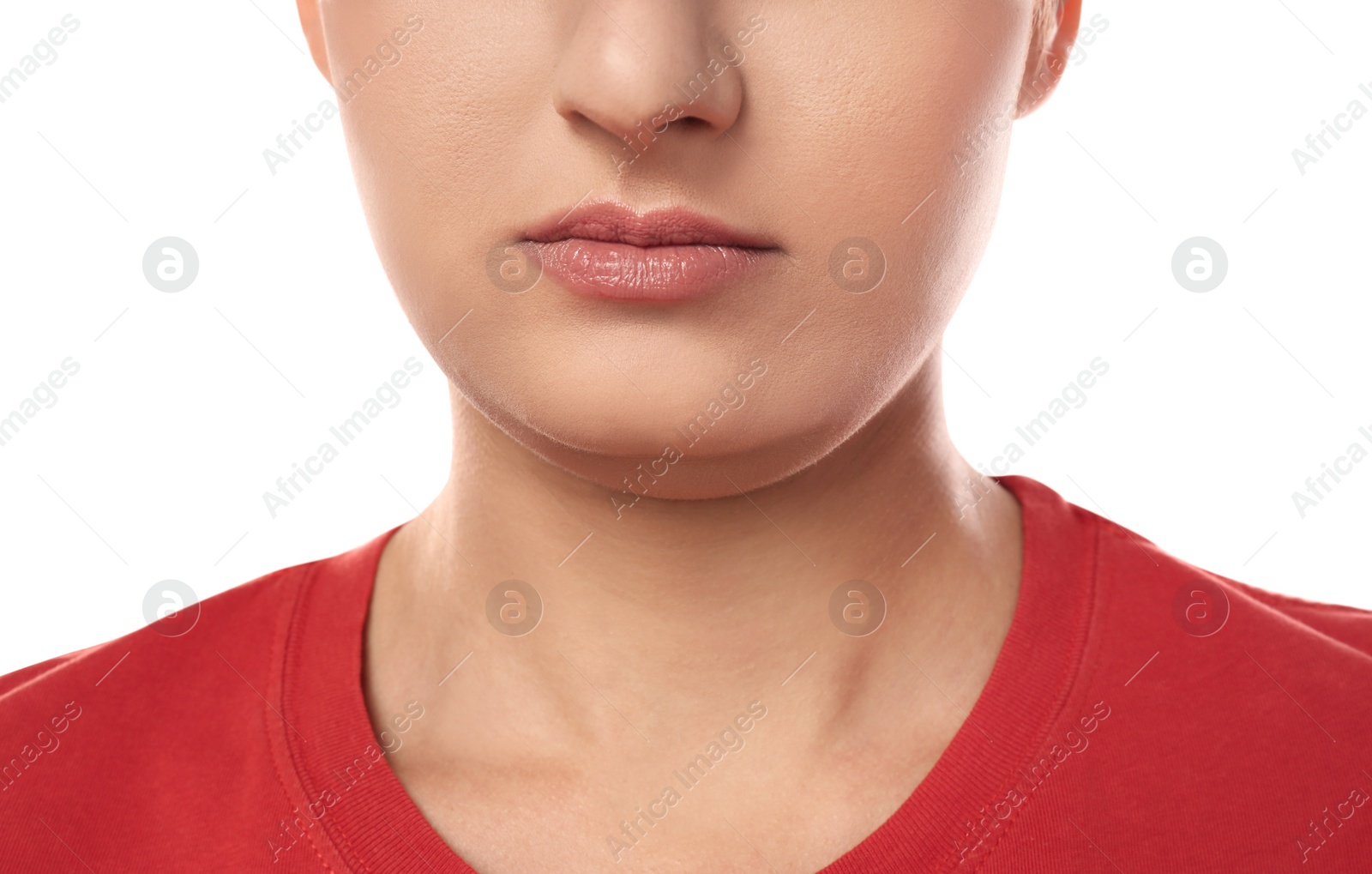 Photo of Young woman with double chin on white background, closeup