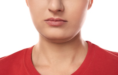 Photo of Young woman with double chin on white background, closeup