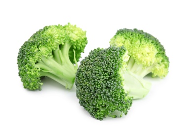 Photo of Fresh green broccoli on white background. Organic food