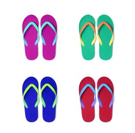 Image of Set with different colorful flip flops on white background, top view