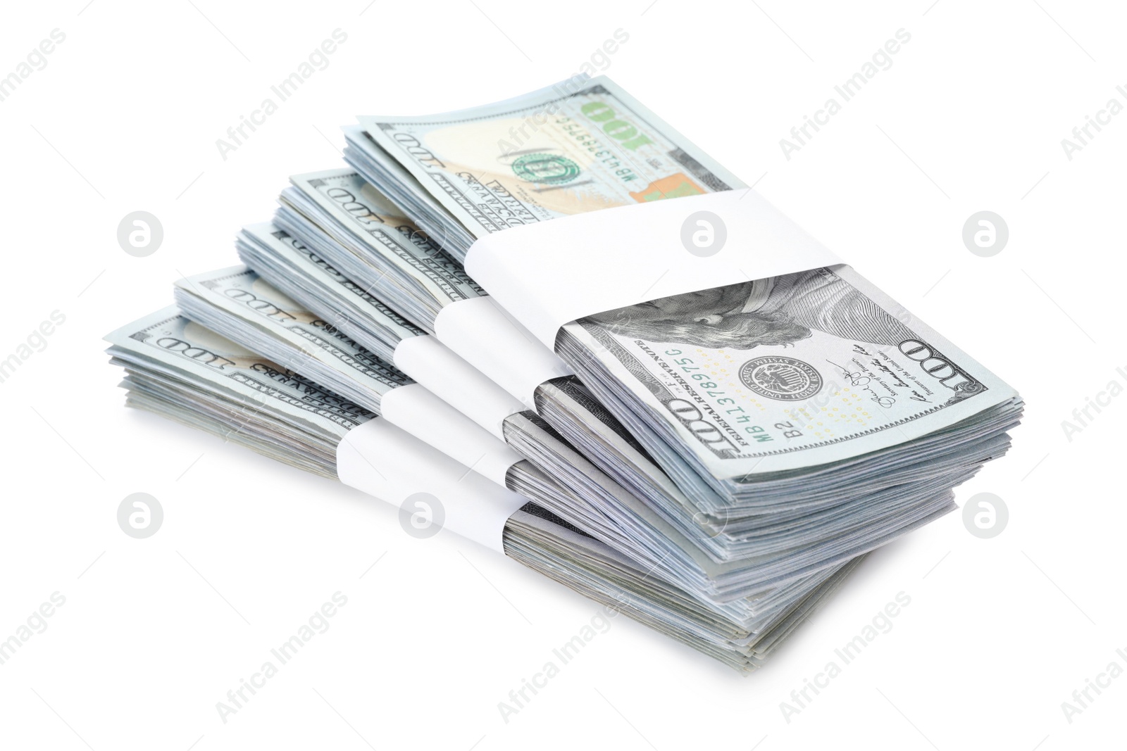 Photo of Bundles of dollar banknotes on white background. American national currency