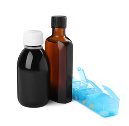 Photo of Bottles of syrups with pills on white background. Cough and cold medicine