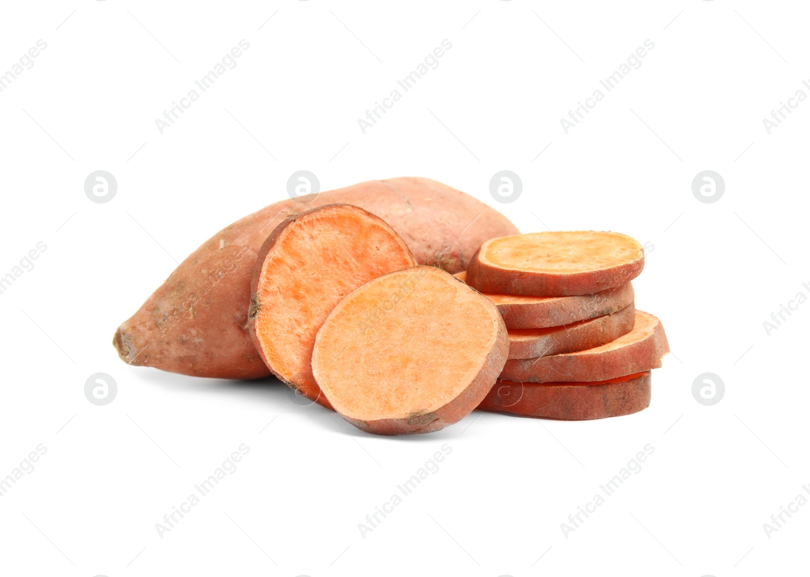 Photo of Fresh ripe sweet potatoes on white background