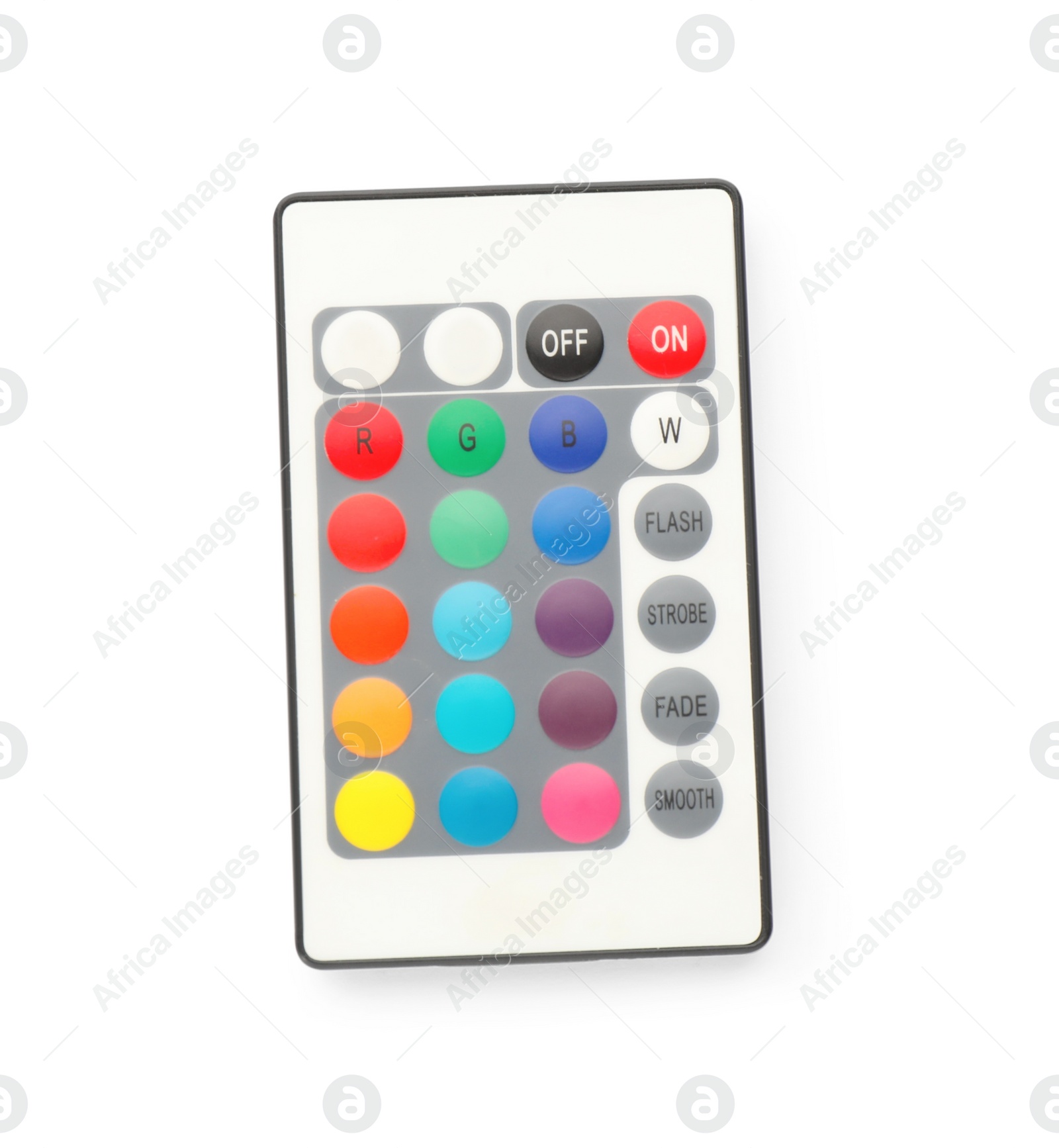 Photo of Modern lighting remote control isolated on white, top view