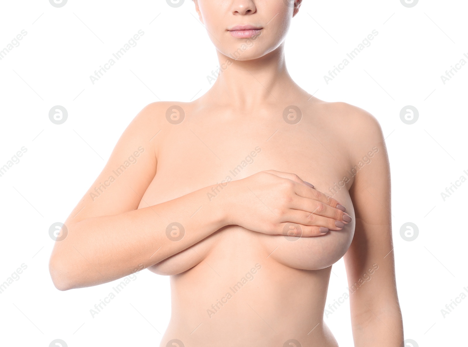 Photo of Woman covering her breast on white background, closeup. Self examination