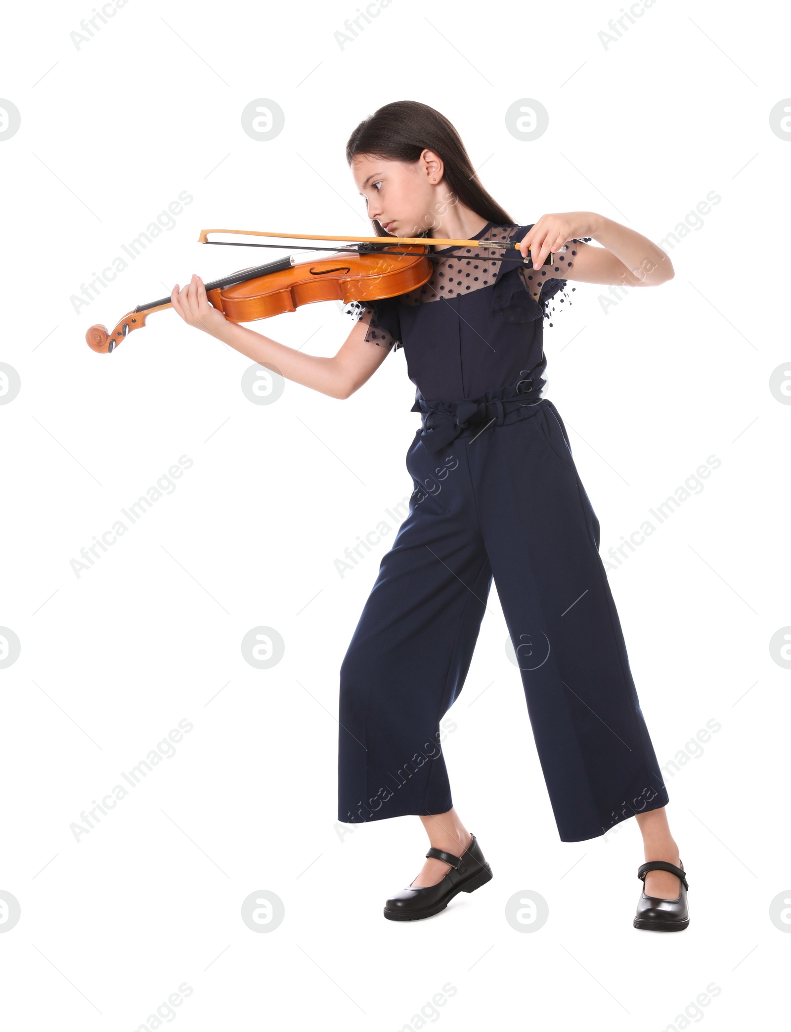 Photo of Preteen girl playing violin on white background