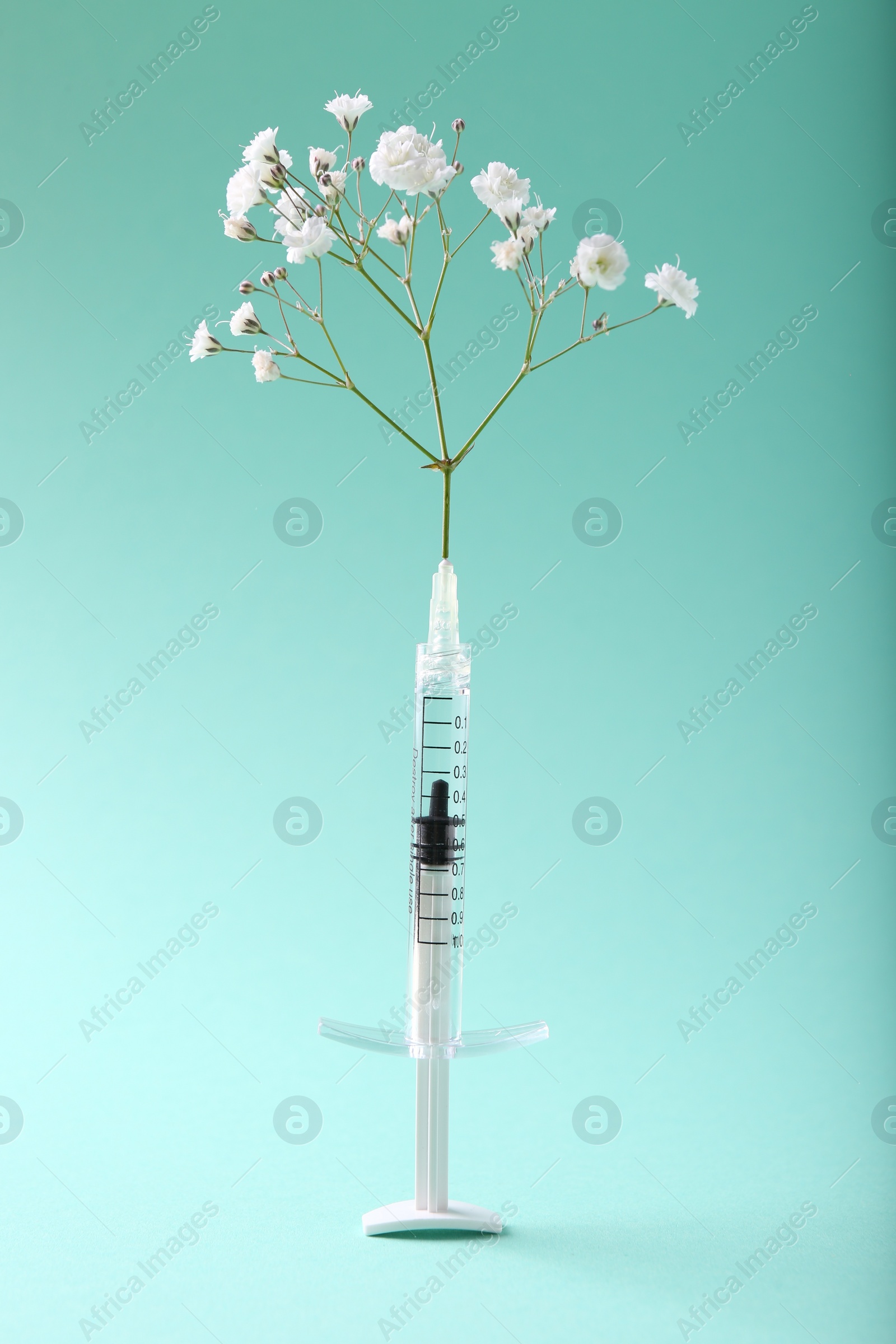 Photo of Cosmetology. Medical syringe and gypsophila on turquoise background