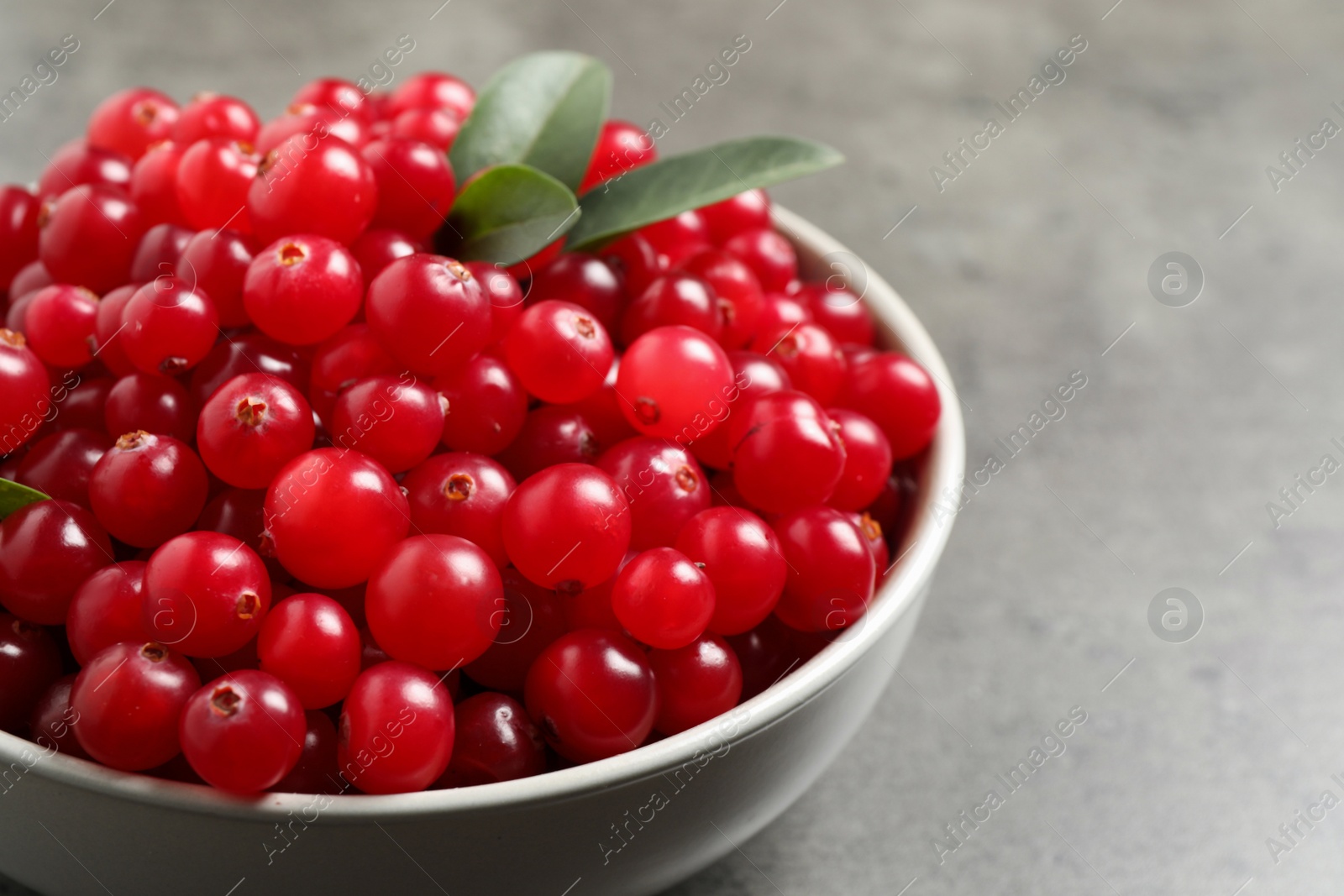 Photo of Ripe fresh cranberry on grey table, closeup