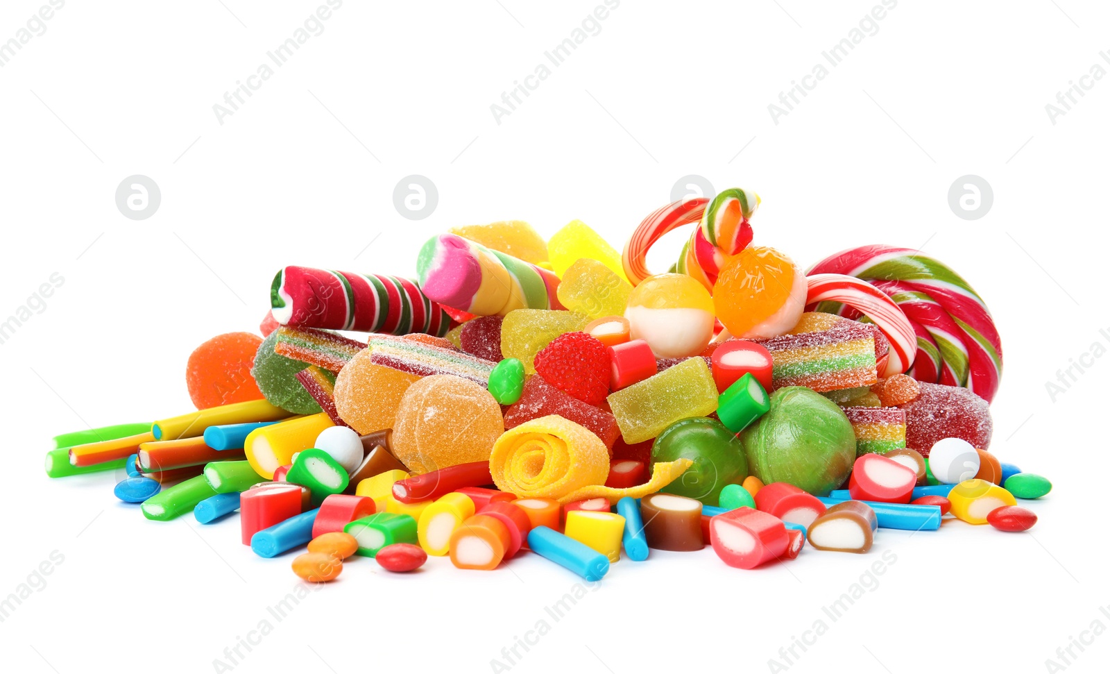 Photo of Many different yummy candies on white background
