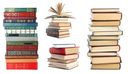 Image of Collection of different hardcover books on white background