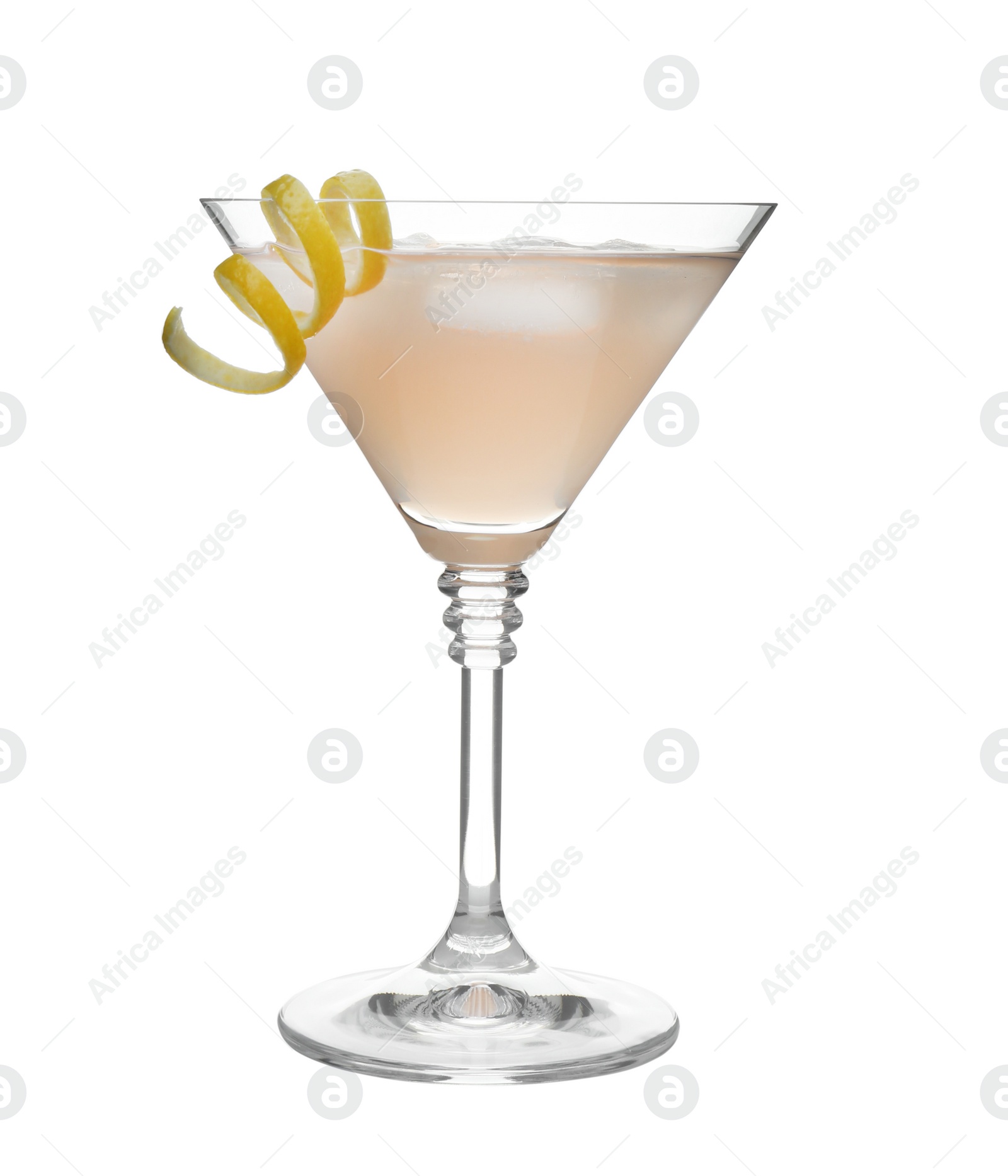 Photo of Glass of martini cocktail with ice cubes and lemon zest on white background