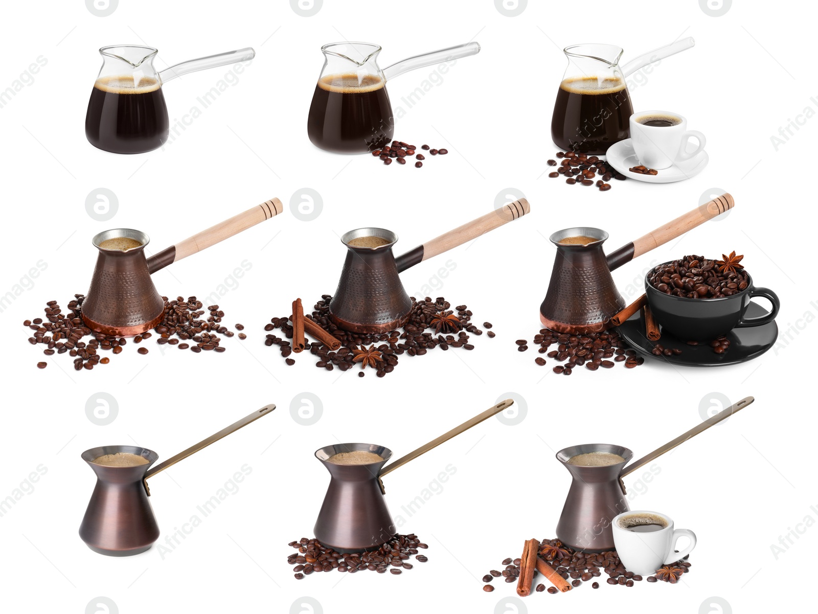 Image of Set with different turkish coffee pots (cezve) with hot coffee and beans on white background