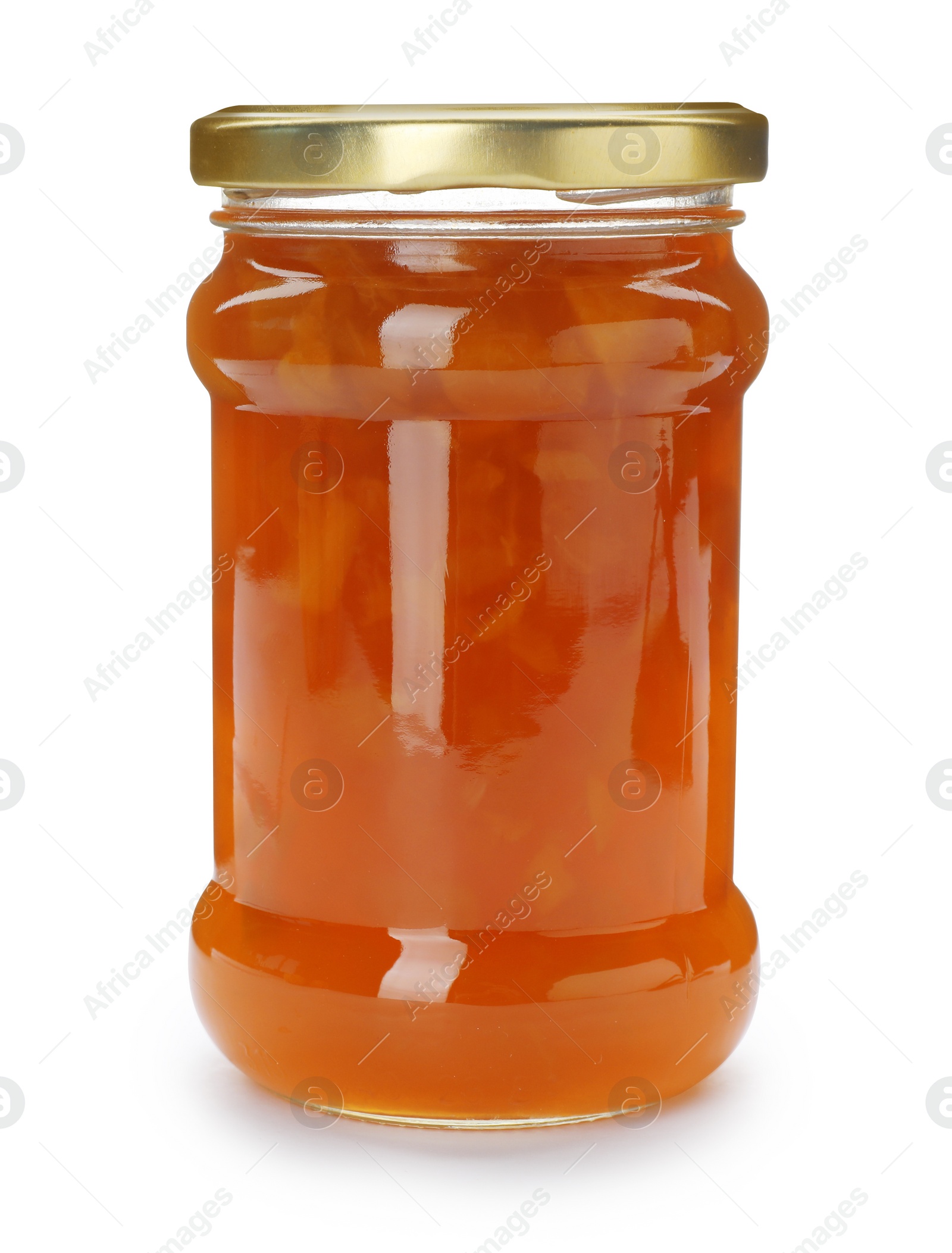 Photo of Jar with peach jam on white background