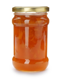 Photo of Jar with peach jam on white background