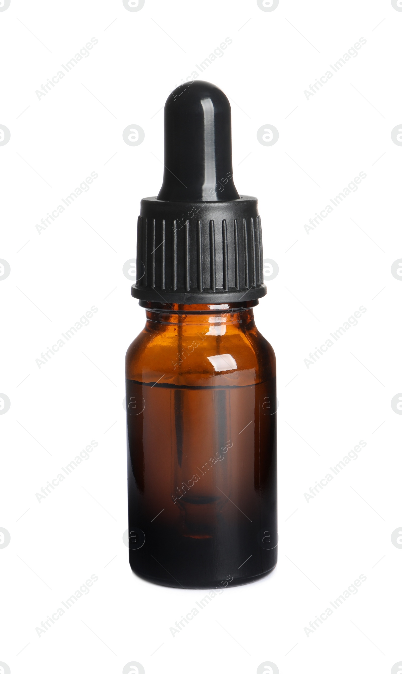 Photo of Glass bottle of essential oil on white background