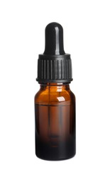 Photo of Glass bottle of essential oil on white background