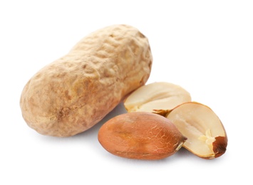 Photo of Raw peanuts on white background. Healthy snack
