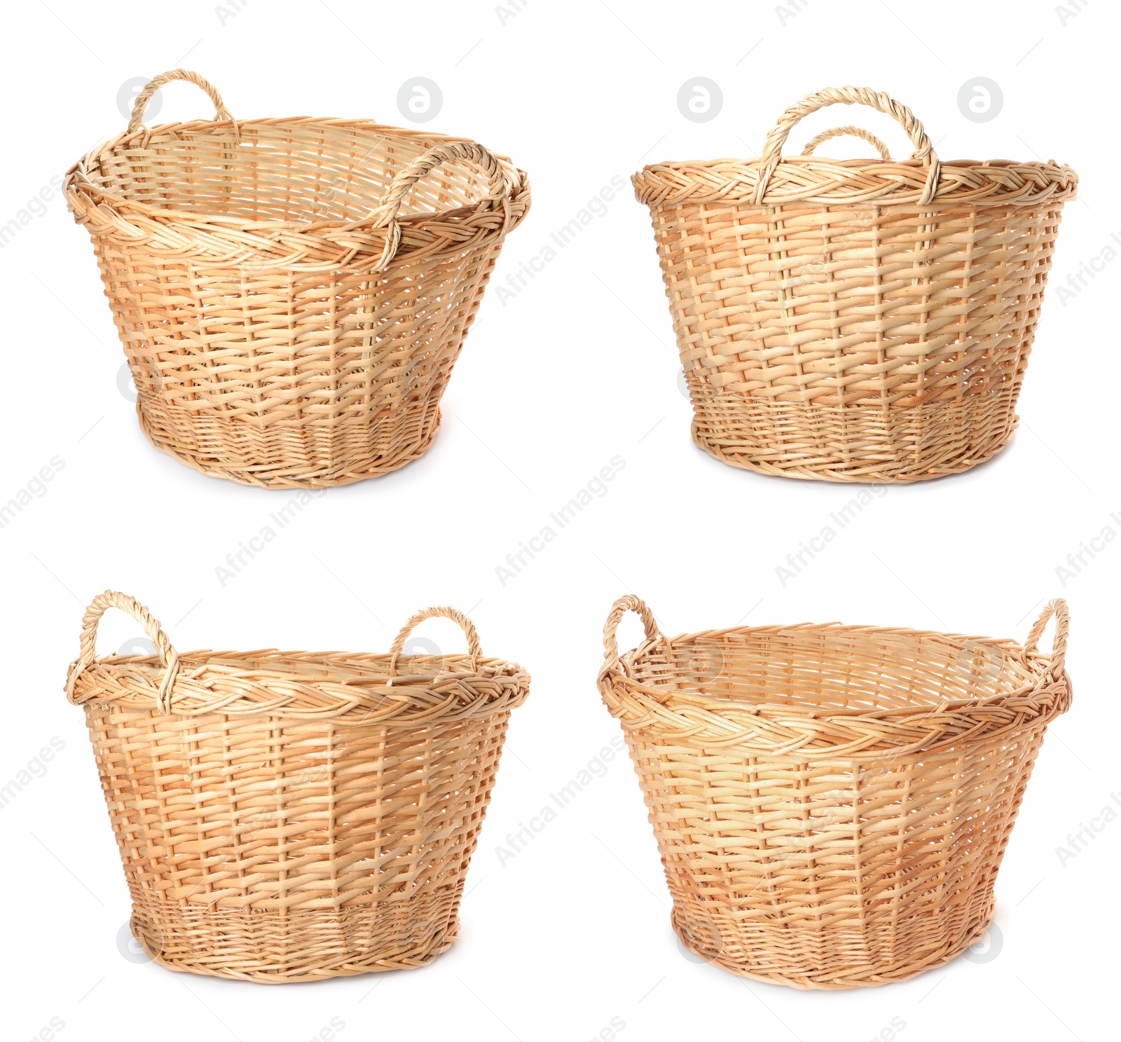 Image of Set with empty wicker baskets on white background