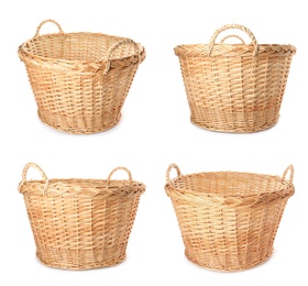 Set with empty wicker baskets on white background