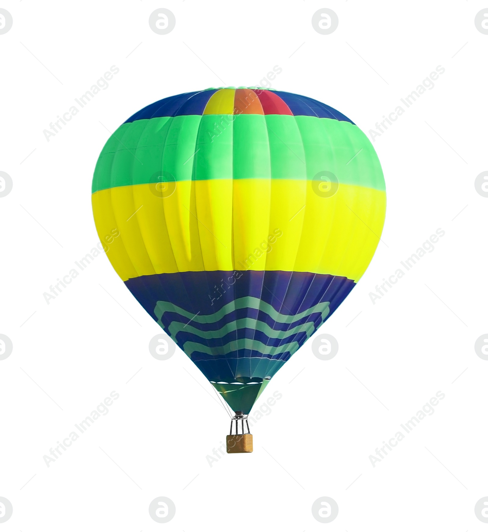 Image of Bright hot-air balloon with wicker basket on white background