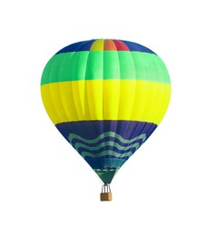 Image of Bright hot-air balloon with wicker basket on white background