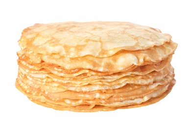 Photo of Stack of tasty thin pancakes on white background