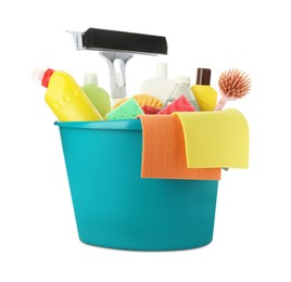 Photo of Light blue plastic bucket with cleaning supplies and tools isolated on white