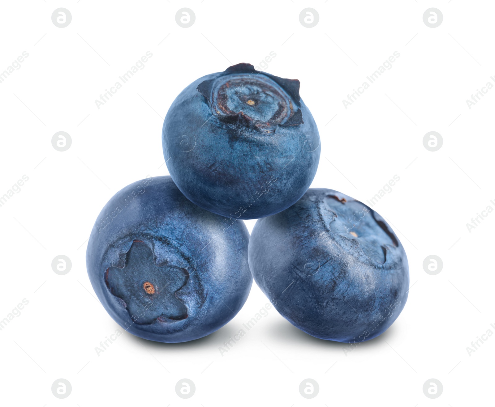 Image of Three whole ripe blueberries on white background