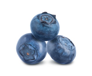 Three whole ripe blueberries on white background