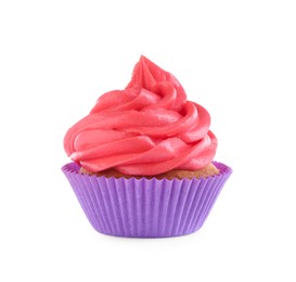 Photo of Delicious cupcake with pink cream isolated on white