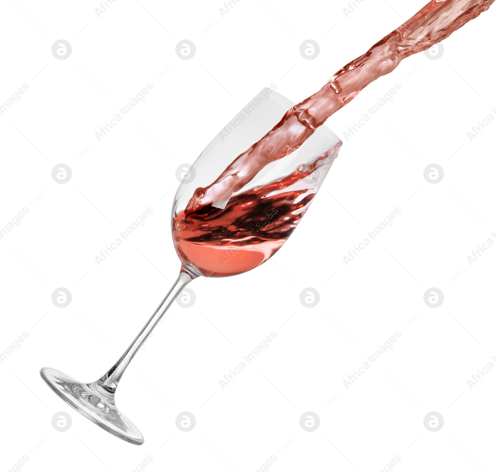 Image of Pouring delicious rose wine into glass on white background