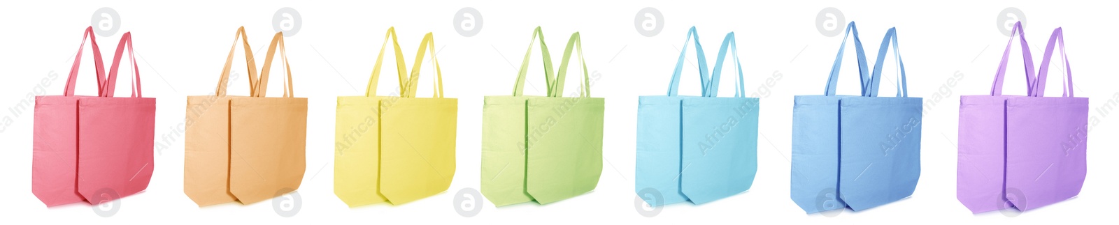 Image of Set of colorful eco bags on white background. Banner design