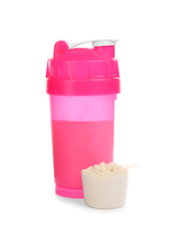 Protein shake and powder isolated on white