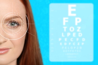 Vision test. Woman and eye chart on light blue background